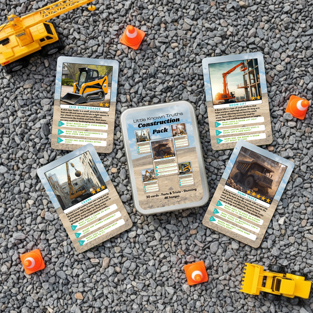 Construction-themed learning trading cards on a gravel surface with toy construction vehicles.