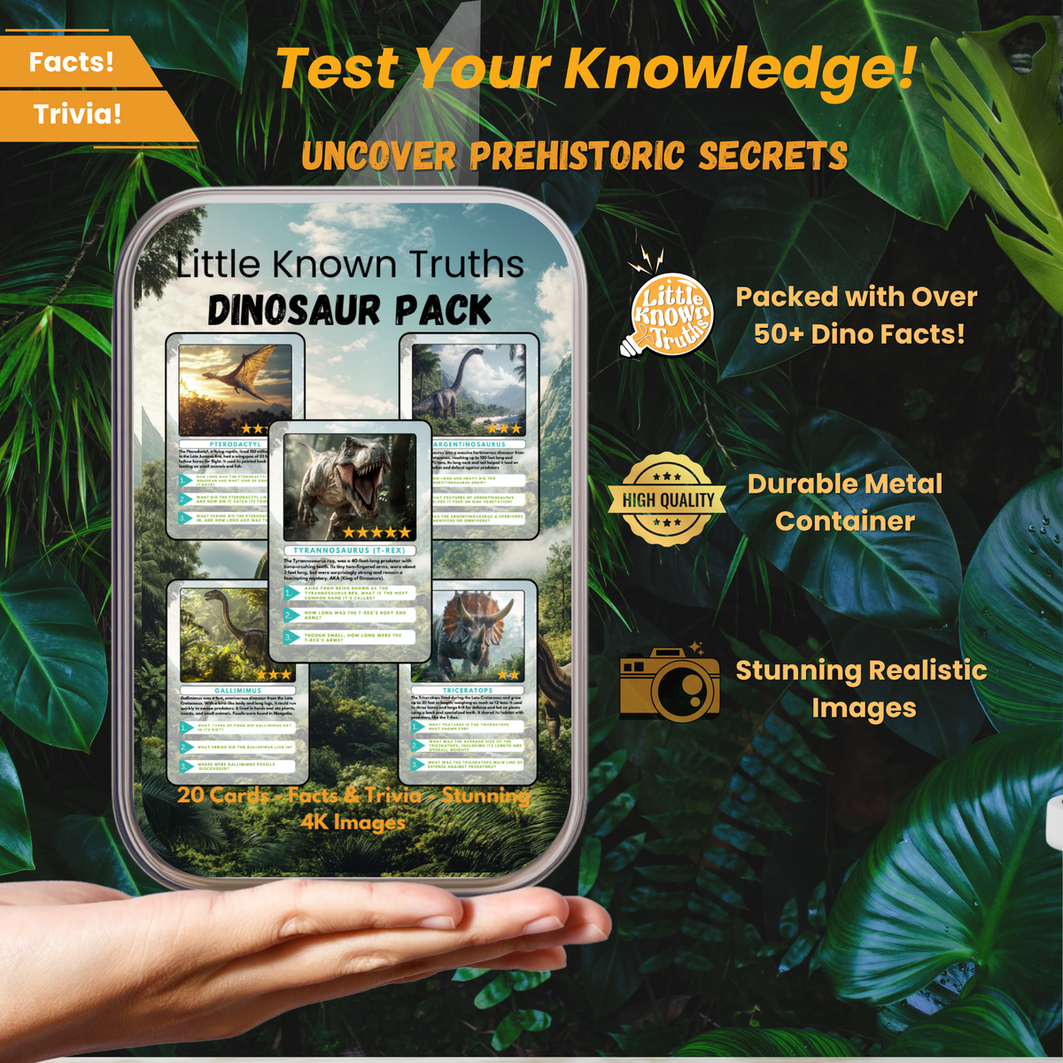 Dinosaur-themed product packaging with text about prehistoric secrets and facts.