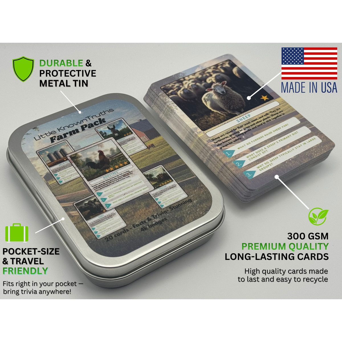 Metal tin with trading cards labeled 'Little Known Truths Farm Pack' on a gray background. Made in USA