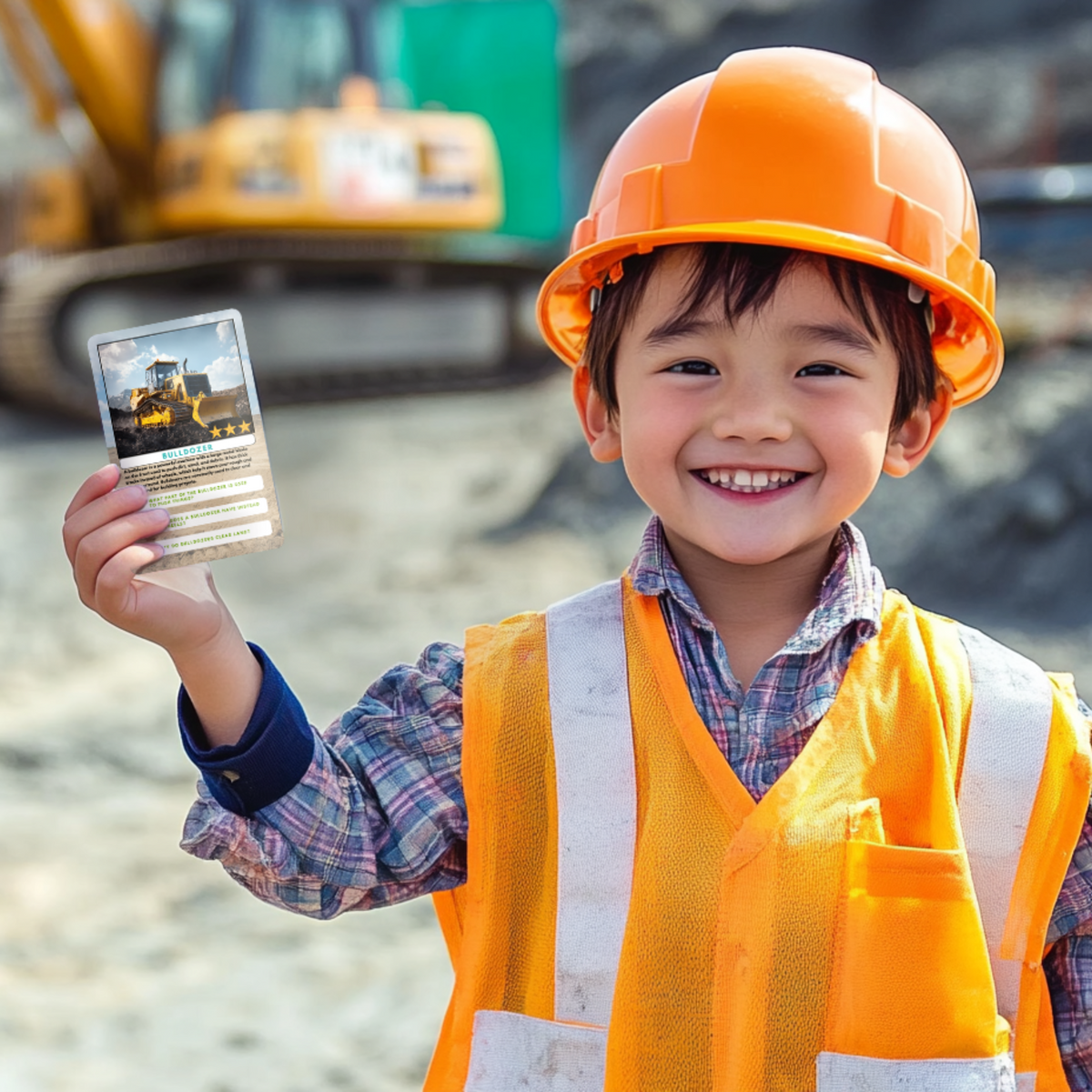Child in construction attire holding a construction-themed educational card on a blurred construction site background