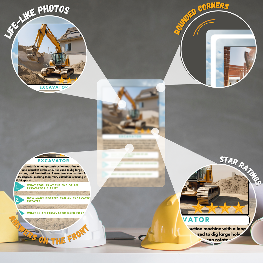 Educational display about an excavator with images and text on a gray background.