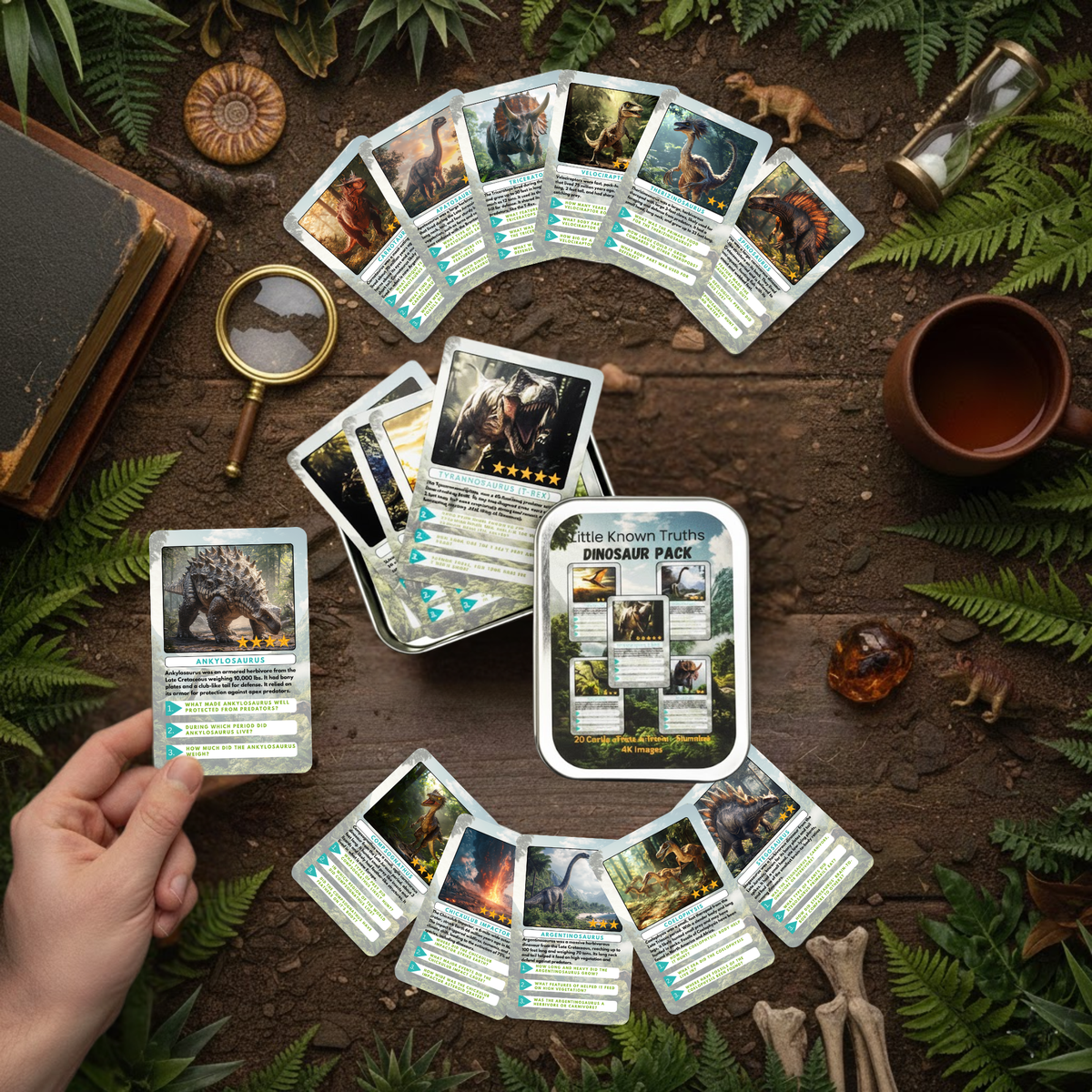 Collection of dinosaur learning cards on a wooden surface with ferns and a magnifying glass.