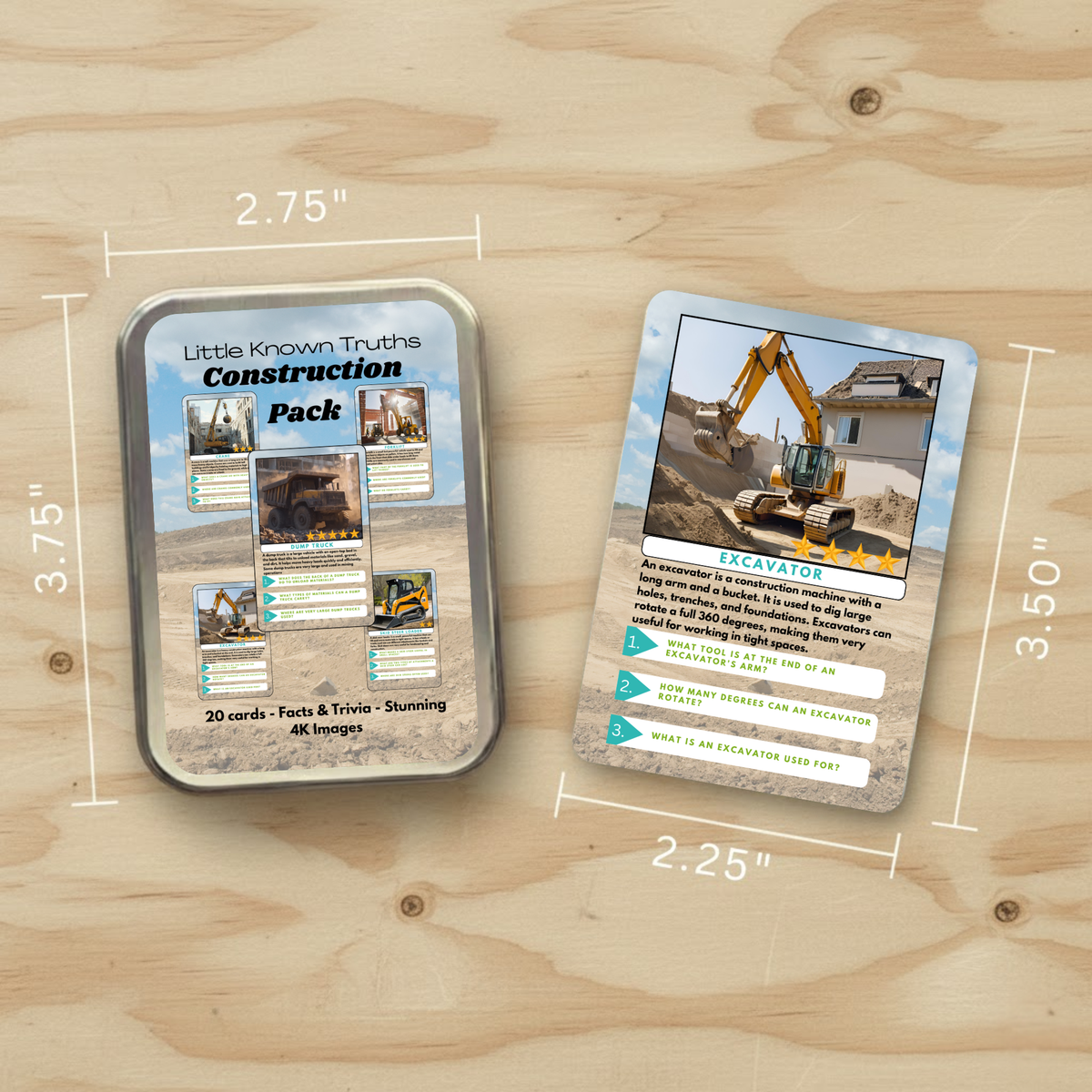 Construction-themed card pack with dimensions on a wooden surface