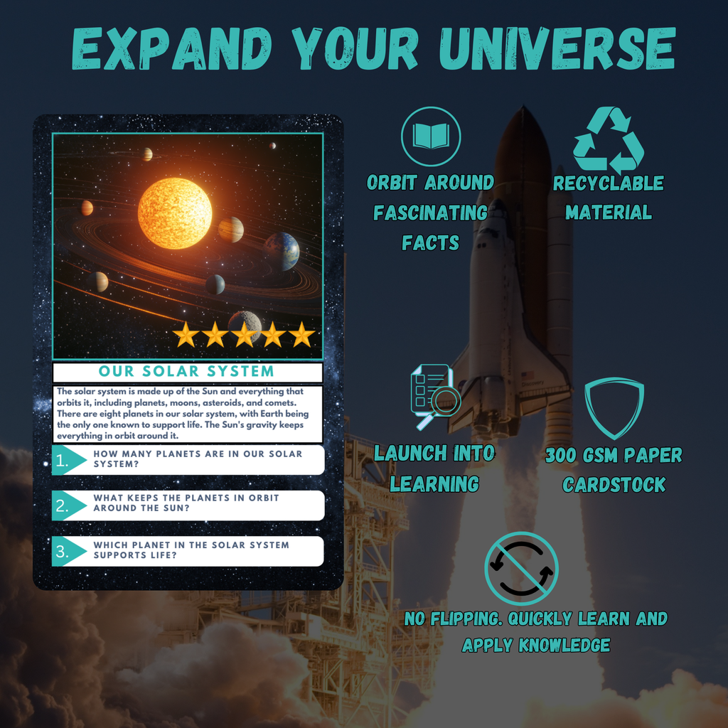 Educational card about the solar system with space-themed design and rocket illustration.
