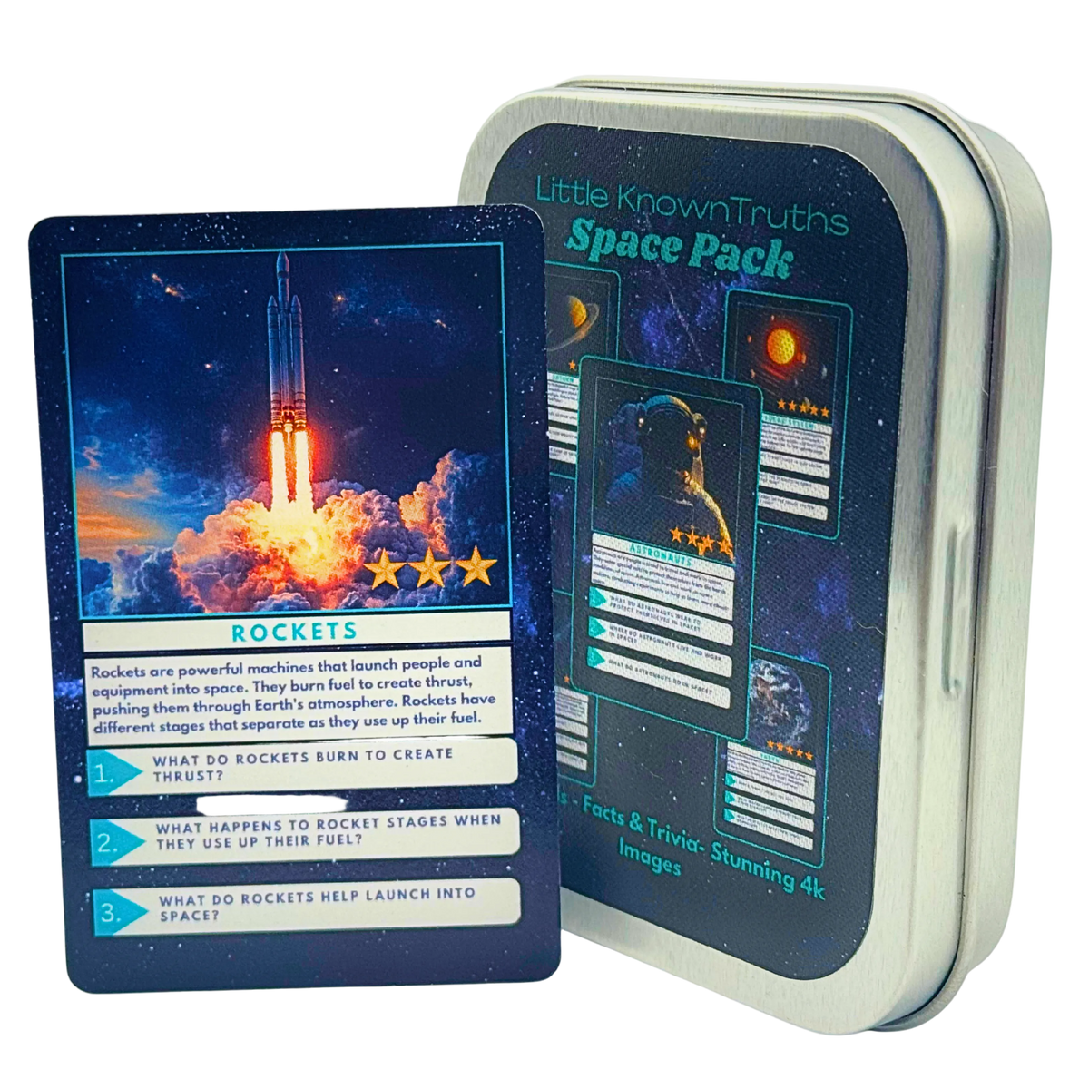 Space-themed card game with rocket ship illustration and 'Little Known Truths' branding