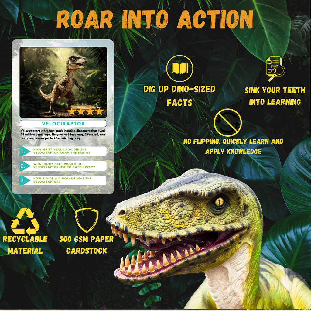 Dinosaur-themed educational card with Velociraptor illustration and text on a jungle background