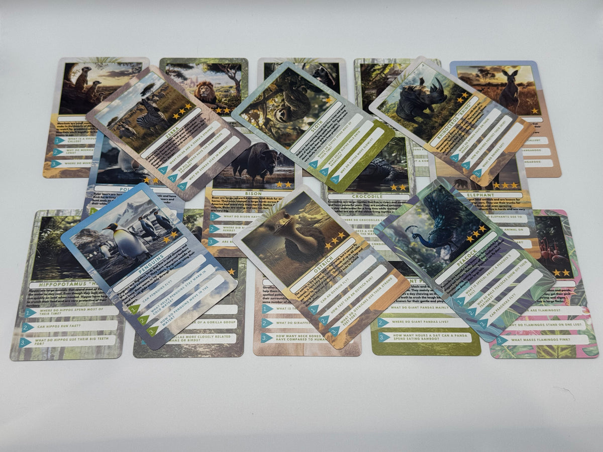 Collection of zoo themed trading cards  designs on a white background