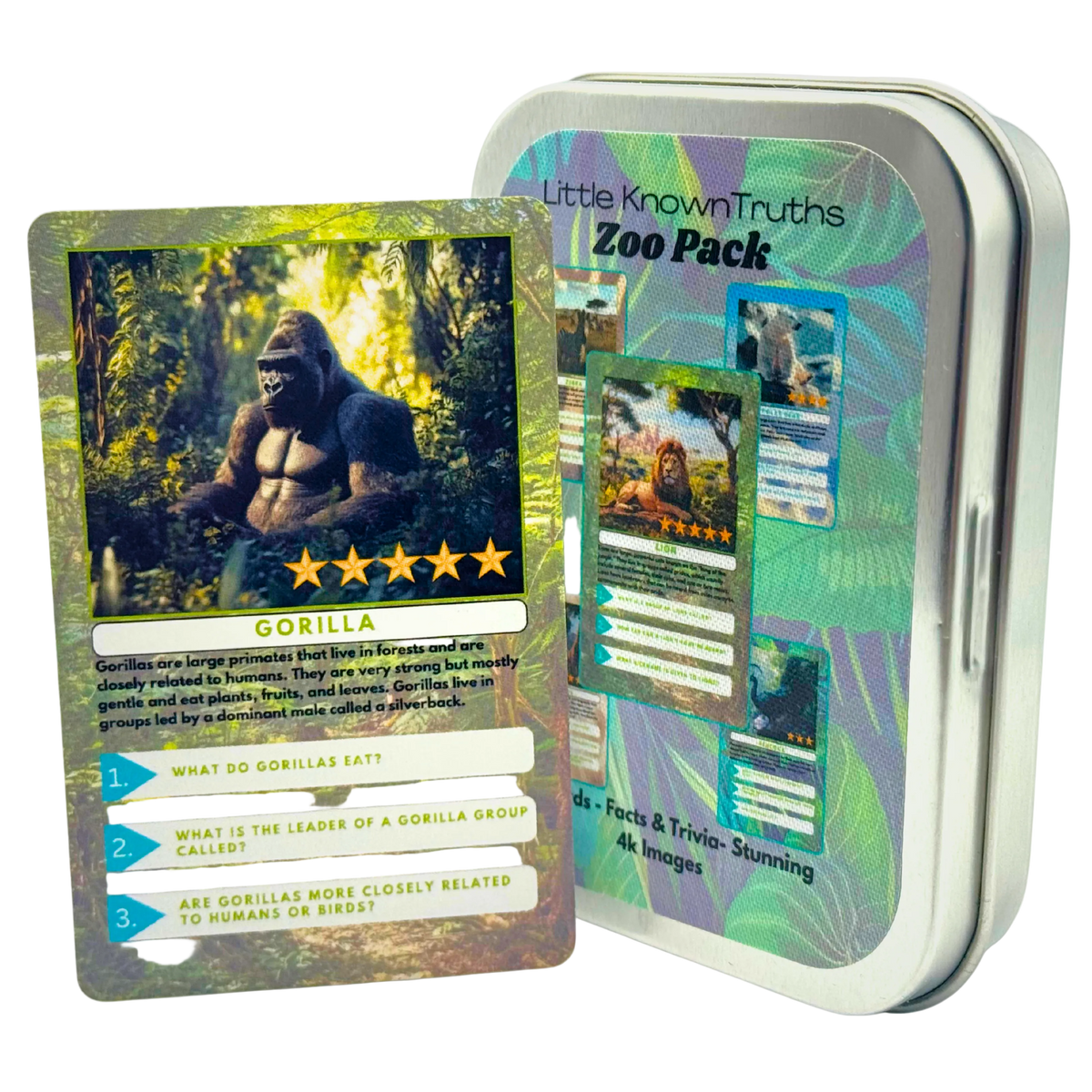 Card with gorilla illustration and 'Little Known Truths Zoo Pack' tin on a white background